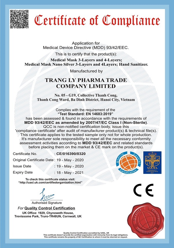 Công ty TNHH Thương mại Dược phẩm Trang Ly được cấp giấy chứng nhận đủ điều kiện xuất khẩu các sản phẩm khẩu trang và nước rửa tay sang Châu Âu.