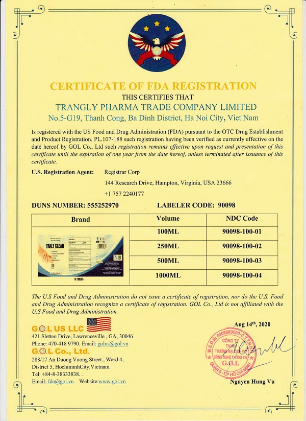 Công ty TNHH Thương mại Dược phẩm Trang Ly được cấp giấy chứng nhận đủ điều kiện xuất khẩu các sản phẩm nước rửa tay sang Hoa Kỳ.
